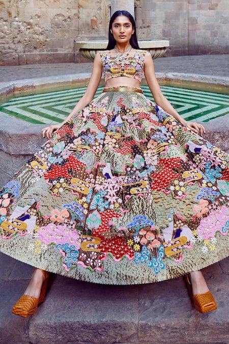 Aisha Rao Trencadis Applique Tissue Lehenga Set 