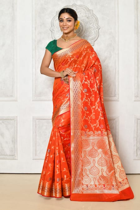 Nazaakat by Samara Singh Orange Banarasi Cotton Silk Woven Floral Jaal Minedar Saree