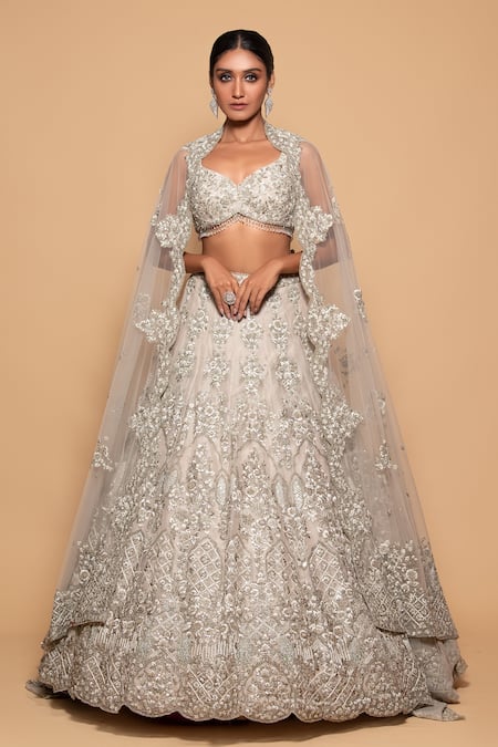 Pallavi Poddar Grey Organza Embroidery Sequin Sweetheart Neck Amer Floral Bridal Lehenga Set 