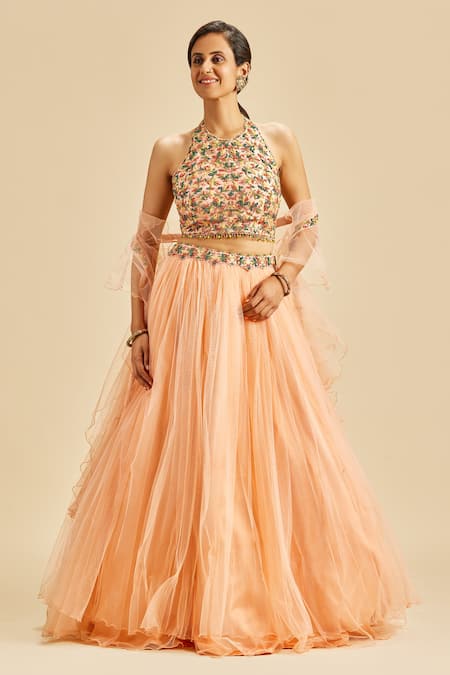 Nitika Gujral Peach Lehenga And Dupatta Net Embroidery Floral Halter Waistband Blouse Set 