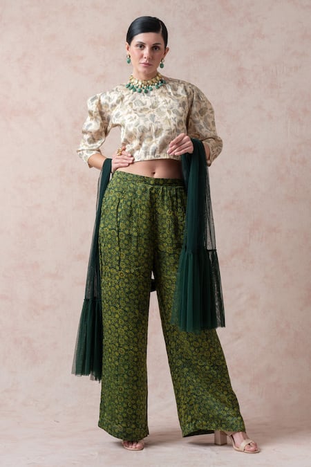 Thetaa Ajrakh Print Flared Pant & Crop Top Set 