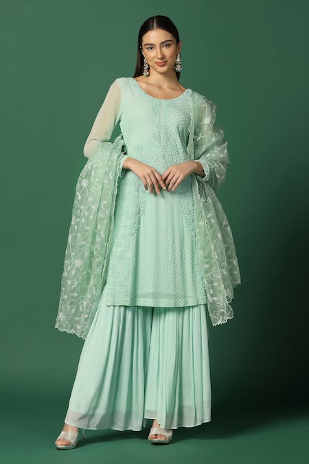 Two Sisters By Gyans Green Georgette, Organza Embroidery, Sequins Round Resham Kurta Sharara Set 