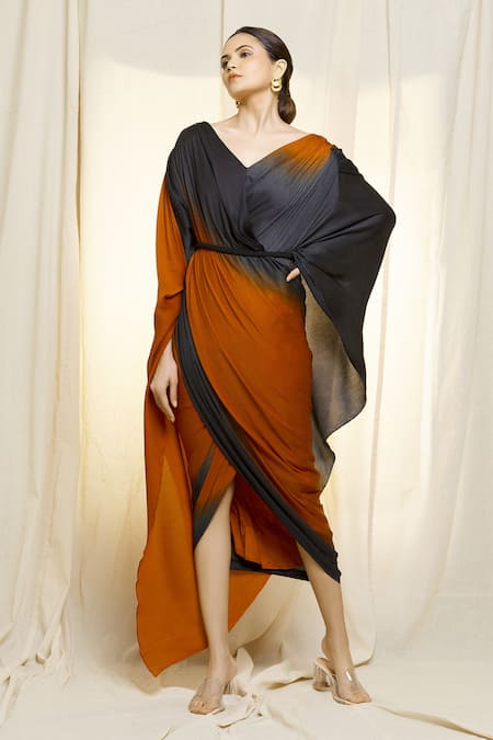 Vivek Patel_Orange Chiffon, Satin V-neck Draped Dress _at_Aza_Fashions
