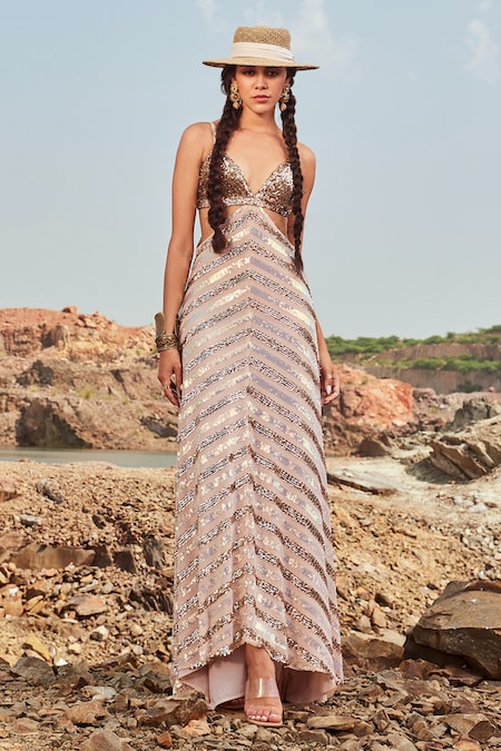 Nandita Thirani Beige Lycra Embroidery Sequin V Neck Waist Cutout Gown 