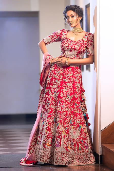 MOHA Atelier Red Lehenga And Blouse Raw Silk Filigree Zardosi Madhubani Style Bridal Set