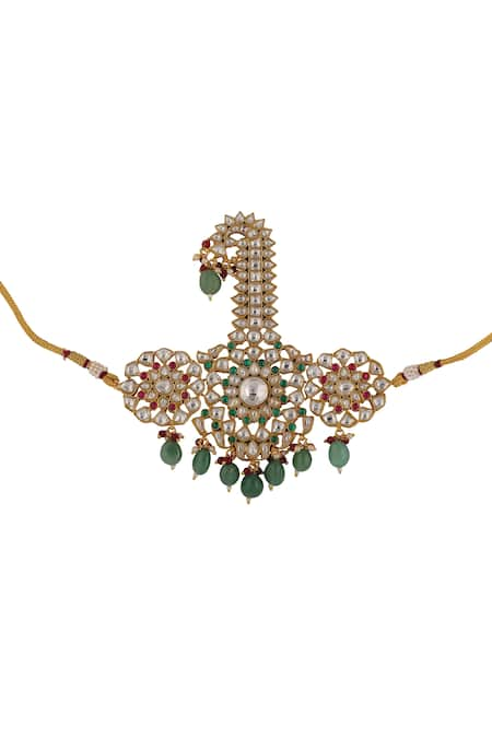 Riana Jewellery Floral Carved & Green Bead Drop Kalangi 