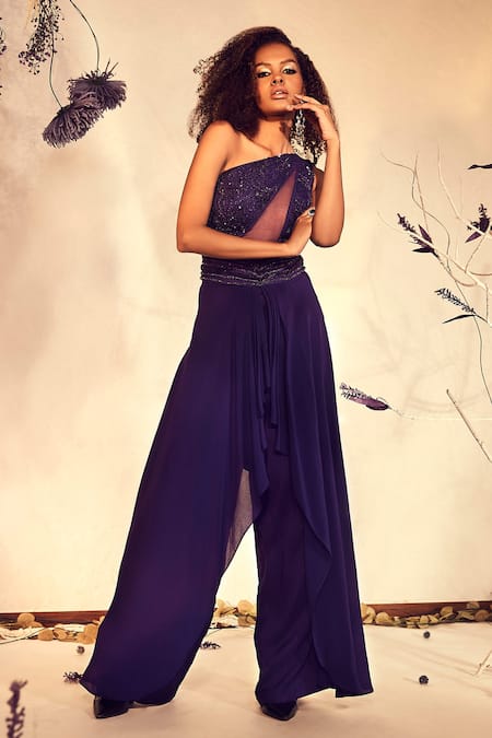 Babita Malkani Embroidered One Shoulder Draped Jumpsuit 