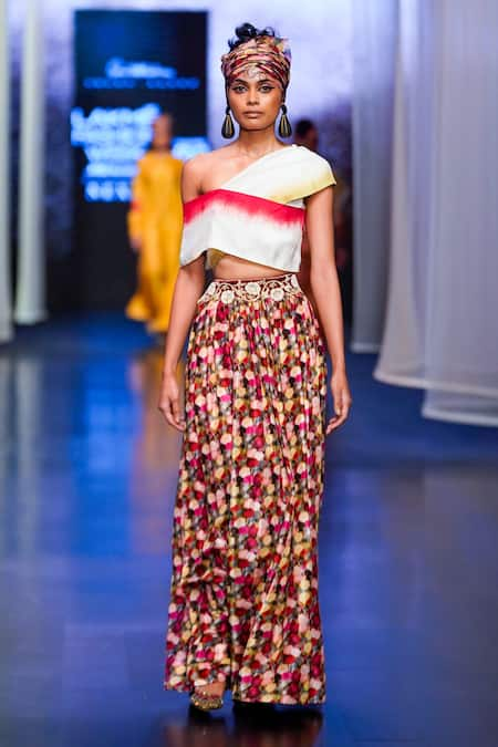 Anand Kabra Printed Skirt With One Shoulder Top 