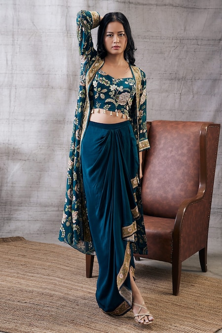 Pebble Green Draped Skirt With Blouse & Embroidered Jacket – SeemaThukral