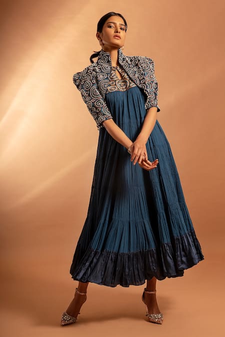 Sejal Kamdar Blue Pure Satin Crepe Embellished Ajrak Yoke Anarkali With Jacket  