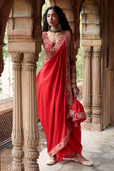 Pink City by Sarika Red Silk Embroidered Zari Cape Open Bandhani Pattern Draped Saree Set 