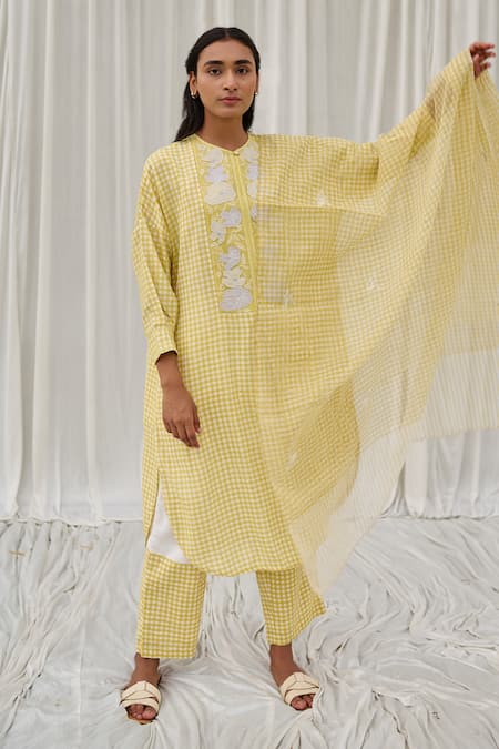 Ayaka_Yellow Cotton Embroidery Round Neck Checkered Print Tunic _Online_at_Aza_Fashions