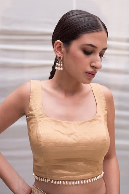 Priyanka Raajiv Gold Silk Tissue Pearl U Neck Mangalya Sleeveless Blouse