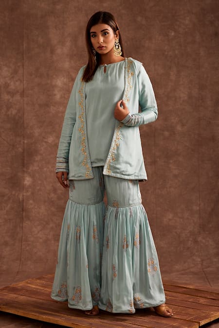 The Home Affair Block Print Jacket Gharara Set 