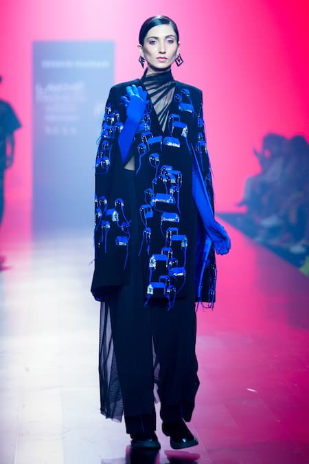 Shahin Mannan Black Crepe Tiny House Embroidered Cape And Pant Set 