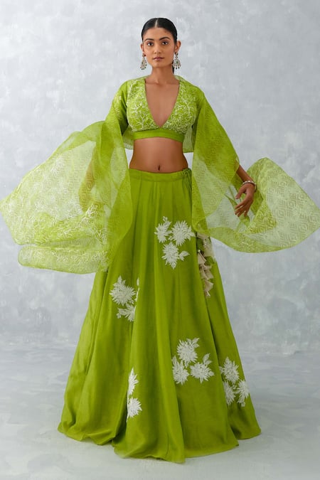 Devnaagri Green Raw And Organza Embroidery Thread V Neck Floral Lehenga Set 