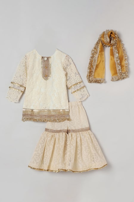 Byb Premium Ivory Organza, Cotton Sequins, Lace Embroidered Placket Kurta Sharara Set 