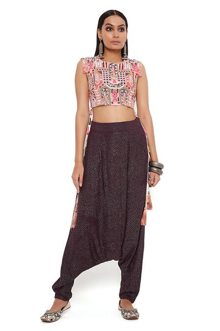 Shop_Payal Singhal_Grey Georgette Embroidery Thread And Mukaish Round Crop Top & Low Crotch Pant Set _Online_at_Aza_Fashions