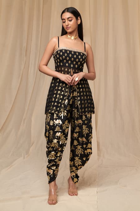 Buy Green Crepe Embroidered Beaded Round Asymmetric Top And Dhoti Pant Set  For Women by Nidzign Couture Online at Aza Fashions.