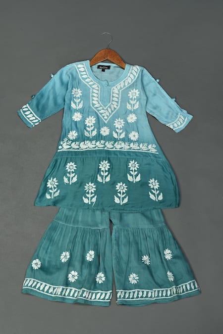 Maaikid Blue Muslin Embroidery Ombre Chikankari Kurta And Sharara Set 