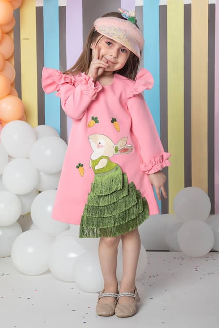 Hoity Moppet Pink Crepe, Satin Embroidery Bugs Bunny Shift Dress