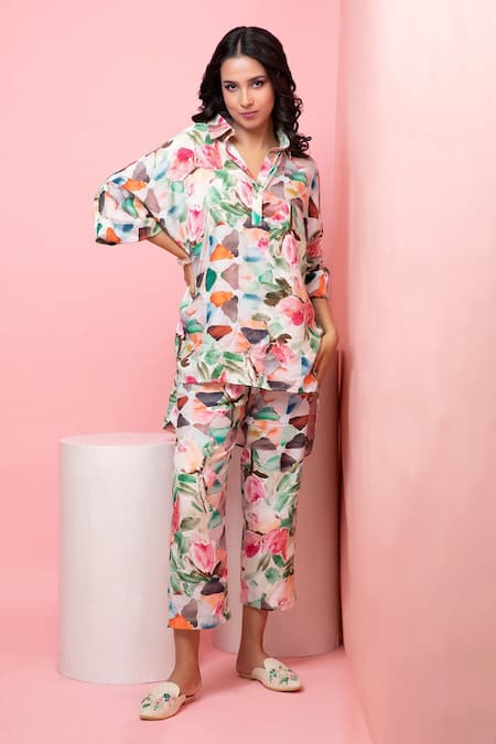 Rhe-Ana Pastel Floral Print Shirt & Pant Co-ord Set 