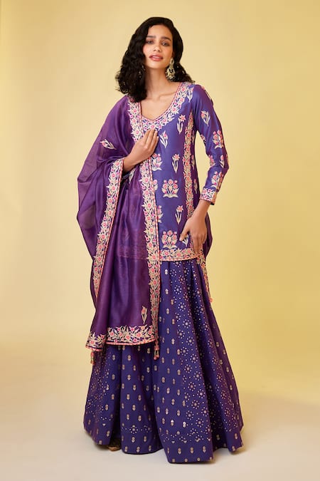 Shyam Narayan Prasad Purple Chanderi Silk Embroidered Gota V Neck Kurta Skirt Set 