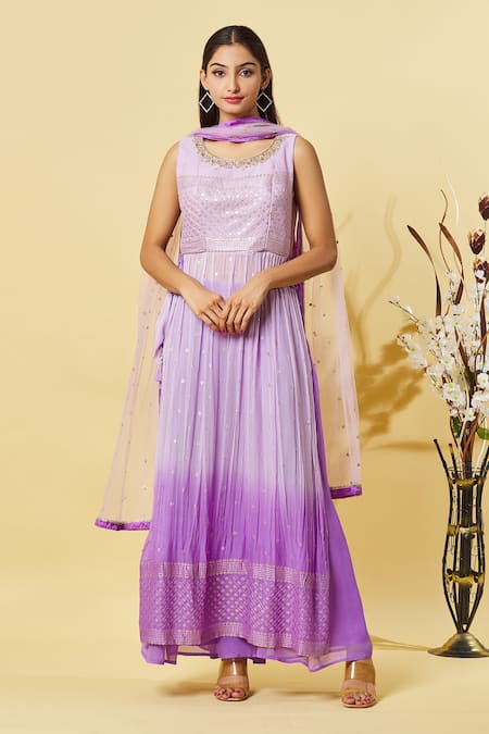 Samyukta Singhania Purple Kurta Georgette Embroidery Floral Round Ombre Effect Set 