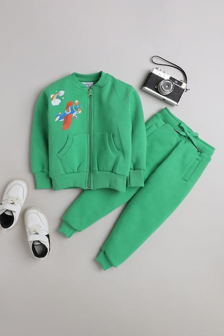 Knitting Doodles Green Fleece Printed Aeroplane Jacket And Joggers Set  