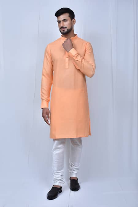 Adara Khan Orange Kurta  Cotton Solid Band Collar Set