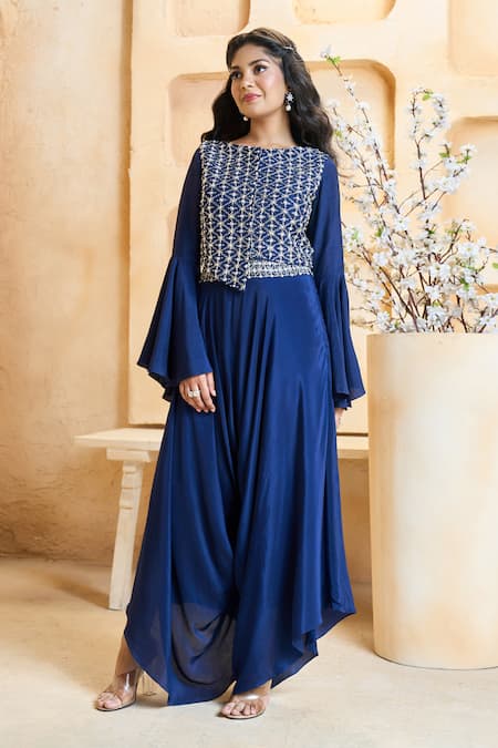 Ariyana By Aza_Blue Silk, Crepe Embroidery Boat Neck Hand Top And Asymmetric Pant Set _at_Aza_Fashions