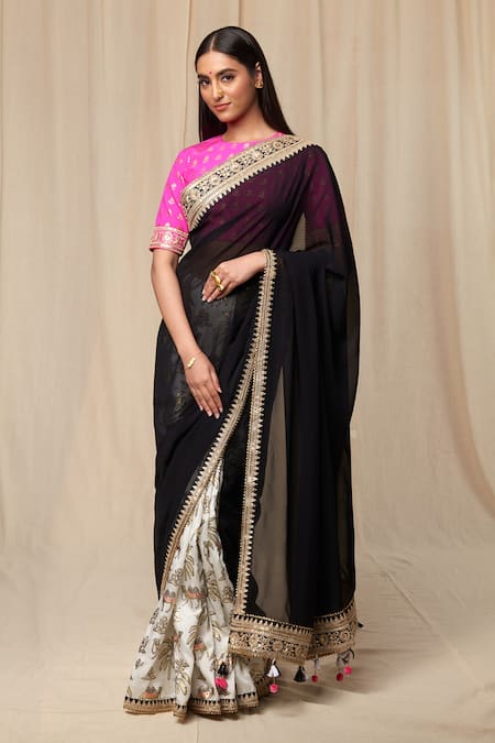 Masaba Ivory Raw Silk Print Oasis And Embroidered Border Saree