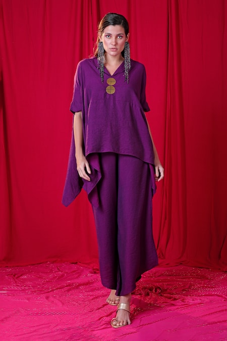 Enech Purple Handloom Cotton Handkerchief Hem Top And Palazzo Set 