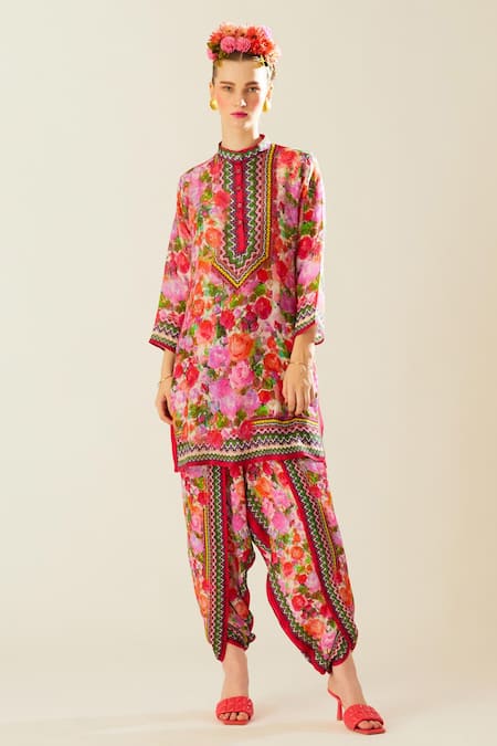 Rajdeep Ranawat Coral Silk Printed Flower Band Collar Reza Kurta  