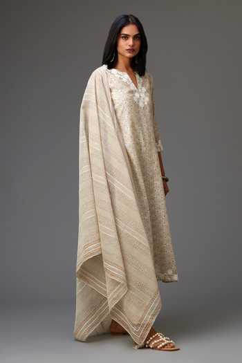 Olive Yellow Silk Chanderi straight kurta set with all-over Pink & Yellow floral hand block print. main image 0
