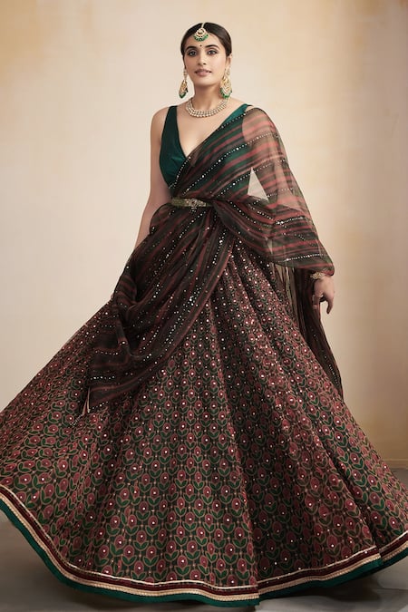 Cedar & Pine Green Organza Printed And Embroidered Floral Deep V Neck Lehenga Set  