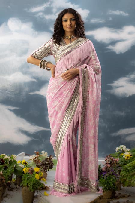 Saksham Neharicka Pink Chiffon Printed And Hand Embroidered Floral Khwahish Saree 