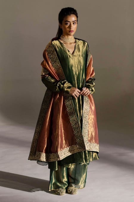 Mimamsaa Green Tissue Silk Woven V Neck Laurel Flared Kurta Pant Set  