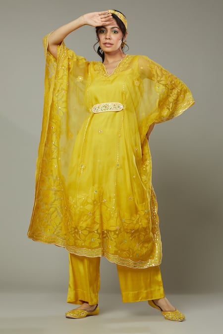 I Am Design Yellow Silk Organza Floral Appliques, Mango Bite Candy Kaftan And Pant Set 