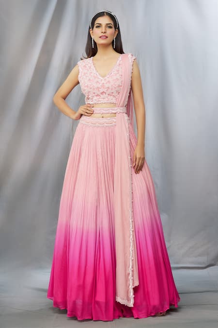 Shlok Design Peach Chiffon Embroidered Floral V Neck Ombre Lehenga Set