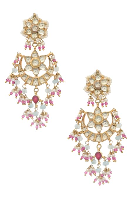 MAISARA JEWELRY Pink Embroidery, Pearls Drop Earrings 