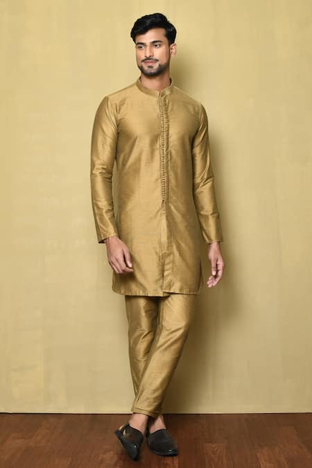 Naintara Bajaj Gold Cotton Silk Plain Mandarin Collar Kurta