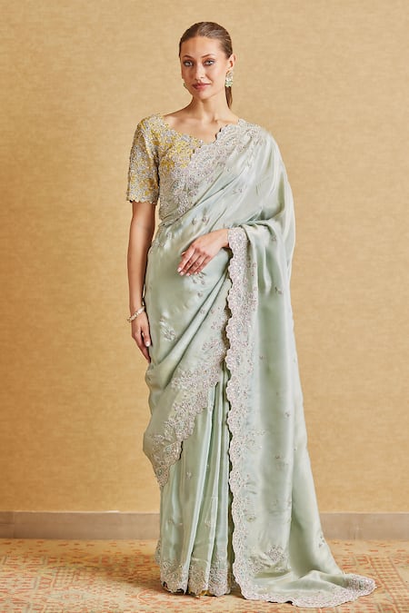 Osaa By Adarsh Blue Silk, Tissue Embroidery Scoop Neck Hand Scallop Trim Saree With Blouse 