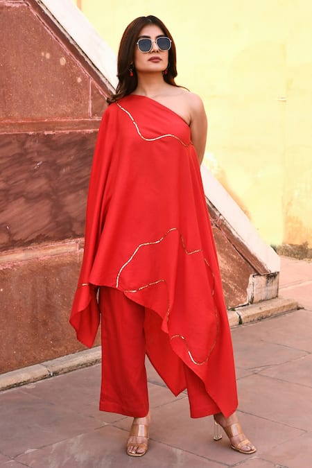 Gulaal Red Hand Embroidered Kaftan & Pant Set 