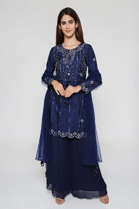 Bha sha Blue Kurta  Dupion Silk Embroidered Mirror Tie-up Prachi Short Sharara Set 