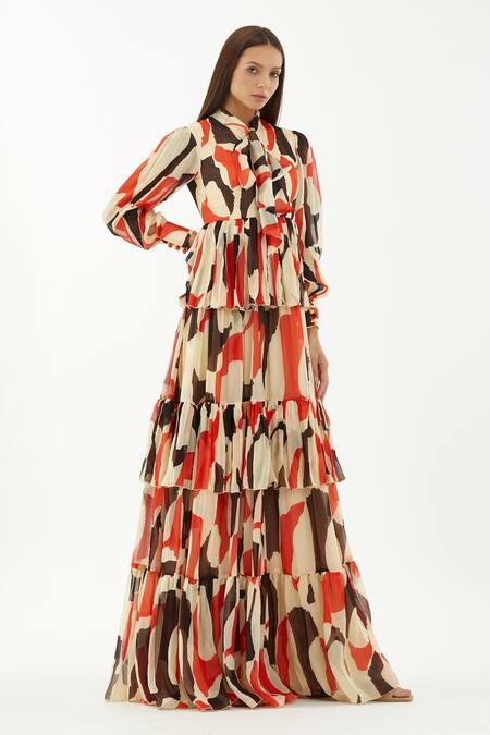 Koai_Multi Color Chiffon Abstract Bow Tie Collar Pattern Tiered Dress _Online_at_Aza_Fashions