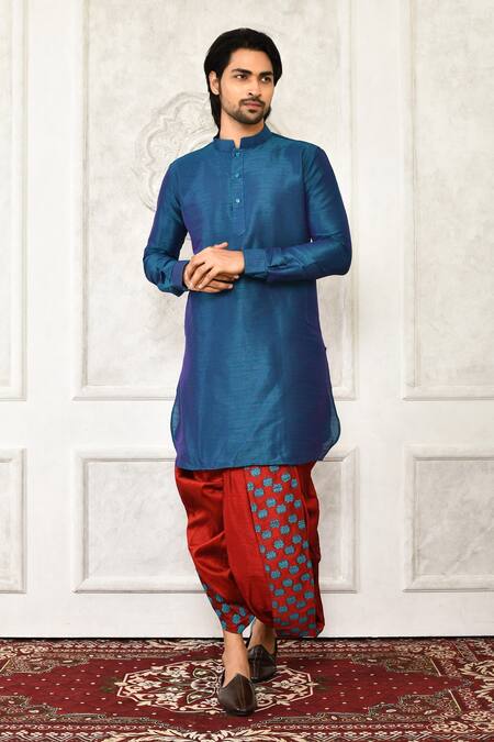 Buy Blue Dupion Silk Plain Floral Printed Pattern Dhoti Pant Kurta