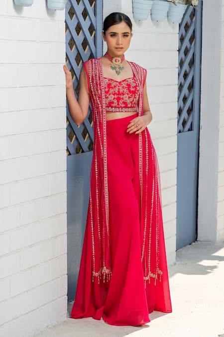 Tamaraa By Tahani Hot Pink Embroidered Jacket & Pant Set 