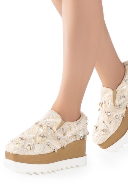 Shop Anaar Beige Paradise Signature Embroidered Sneaker Wedges Shop_Anaar_Beige Paradise Signature Embroidered Sneaker Wedges