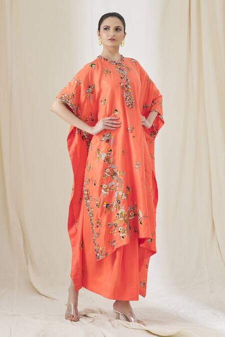 Buy Anamika Khanna Coral Embroidered Tunic And Draped Skirt Set at Aza Fashions Buy_Anamika Khanna_Coral Embroidered Tunic And Draped Skirt Set_at_Aza_Fashions